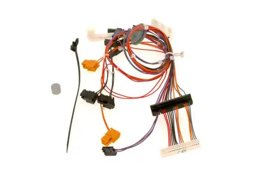 Kabelbaum mit mehreren Drähten und Steckverbindungen in unterschiedlichen Farben, hergestellt von Bosch. Enthält mehrere elektrische Anschlüsse für verschiedene Anwendungen.